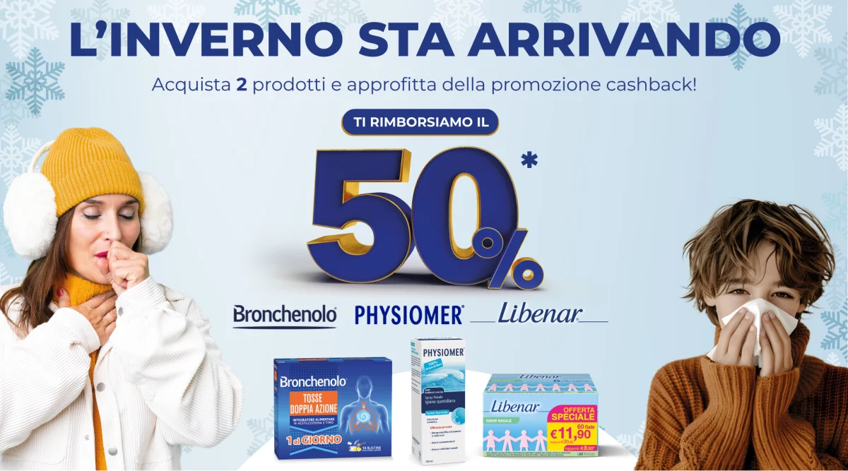 Affronta l'inverno: ricevi il 50% di rimborso su Bronchenolo, Physiomer e Libenar!