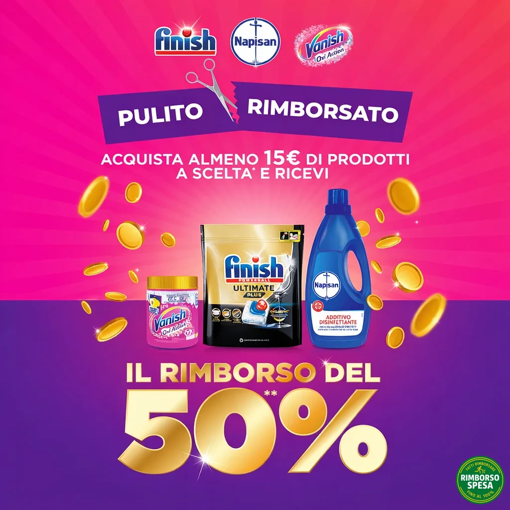 Cashback Finish, Napisan e Vanish: 50% di Rimborso fino a 10 euro
