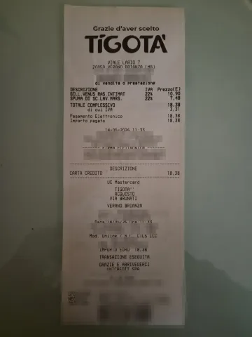 Scontrino reale di RimborsoSpesa.it presso Tigotà: Gillette Venus e Satin Care: Rimborso 100% sul Rasoio (max 15 euro)