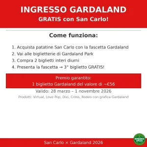 San Carlo Gardaland 2026: compra le patatine e ricevi 1 biglietto omaggio (valore ~56€)
