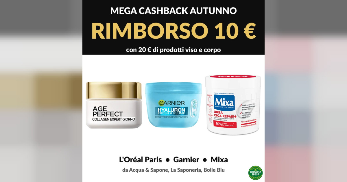 Cashback L'Oréal, Garnier, Mixa: rimborso 10€ (2026)