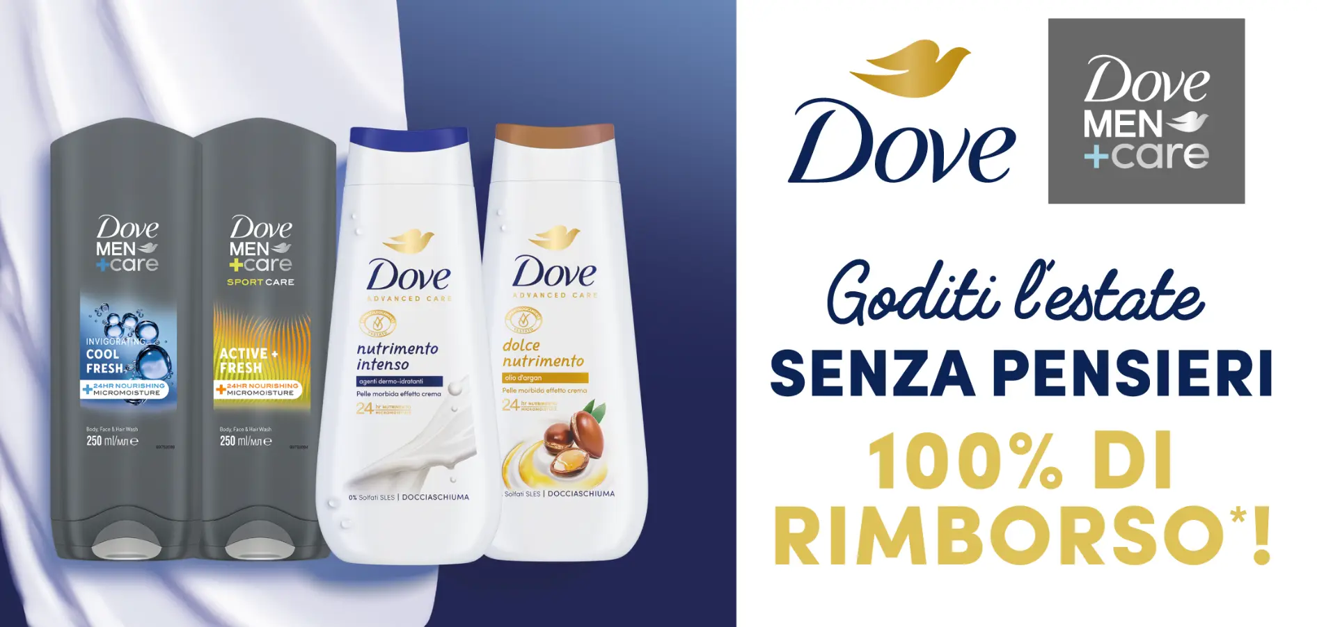 DOVE DOCCIASCHIUMA – Goditi l’estate Senza Pensieri: ottieni il 100% di rimborso del bagnodoccia Dove